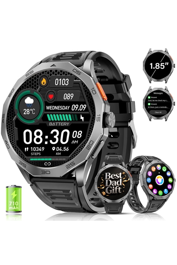Military Smart Watch for Men, 1.85-inch fits for Android and Iphone Devices, with Answer/Make Calls/100+ Sport Modes, Fitness Tracker Watches (Black)