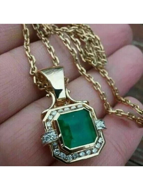 3CT Asscher Cut Lab Created Green Emerald Diamond Pendant 14k Yellow Gold Plated