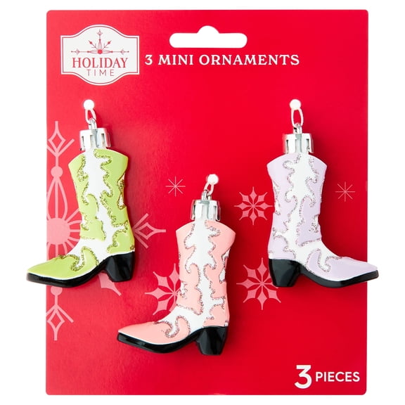 3-Count Pink/Green/Purple Cowboy Boot Mini Christmas Ornaments, 2.5", by Holiday Time