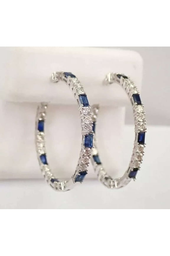 3CT Blue Sapphire 925 Silver Huggie Hoop Earrings In 14K White Gold Plated