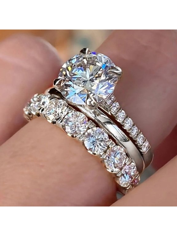 3CT CZ Bridal Set for Women 14K Gold Plated AAAAA Simulated Diamond Stackable Anniversary Eternity Rings for Her Cubic Zirconia Round Cut Wedding Bands Engagement Promise Ring(Silver,Size 7)