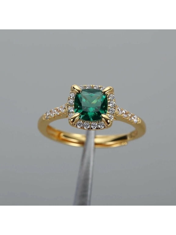 3CT Cushion Cut Lab Created Emerald Halo Engagement Ring 14K Yellow Gold Plated