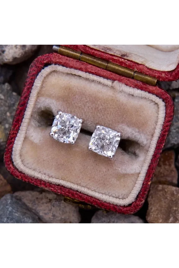 3CT Cushion Cut Solitaire Lab Created Diamond Stud Earrings 14k White Gold Over