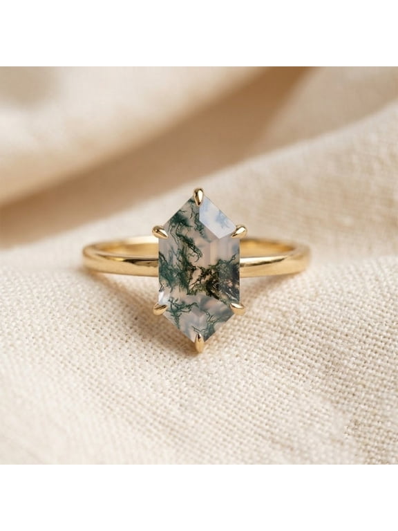3CT Dutch Marquise Moss Agate Solitaire Ring, 925 Sterling Silver Yellow Gold Plated Ring, Proposal Ring, Handmade Jewelry, Gift For Her