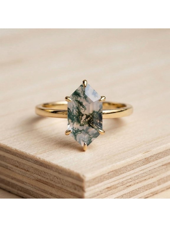 3CT Dutch Marquise Moss Agate Solitaire Ring, 925 Sterling Silver Yellow Plated Ring, Dainty Proposal Ring, Handmade Jewelry, Wedding Gift for Her