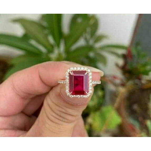 3CT Emerald Cut Lab-Created Red Ruby & Diamond Halo Women's Ring Yellow Gold Plated Silver