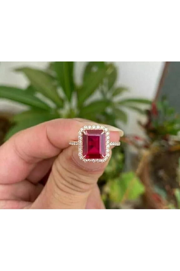 3CT Emerald Cut Lab-Created Red Ruby & Diamond Halo Women's Ring Yellow Gold Plated Silver