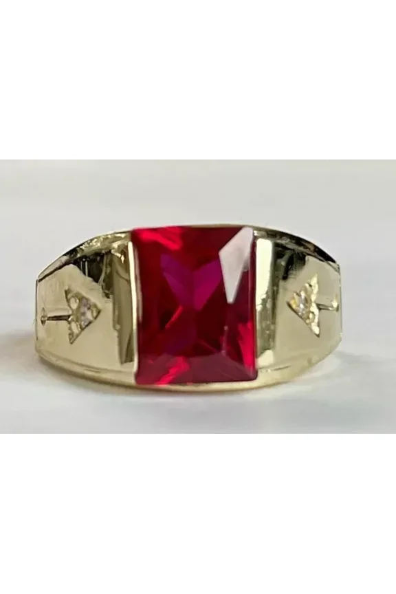 3CT Emerald Cut Lab-Created Red Ruby Diamond Men's Ring 14K Yellow Gold Plated