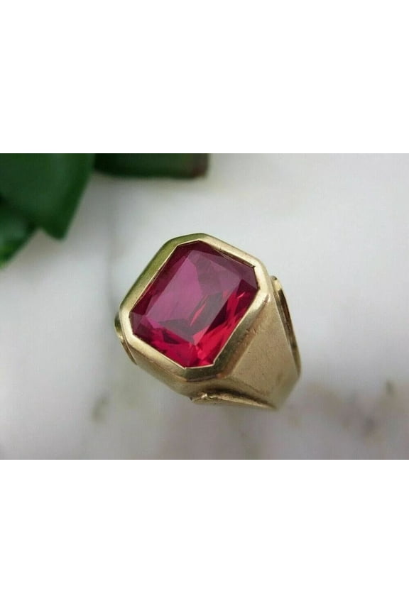 3CT Emerald Cut Lab Created Red Ruby Solitaire Men's Engagement Ring 14K Yellow Gold Plated