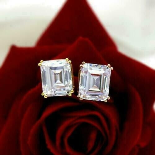 3CT Emerald Cut Moissanite Woman Screw Back Stud Earrings Solid 14K Yellow Gold