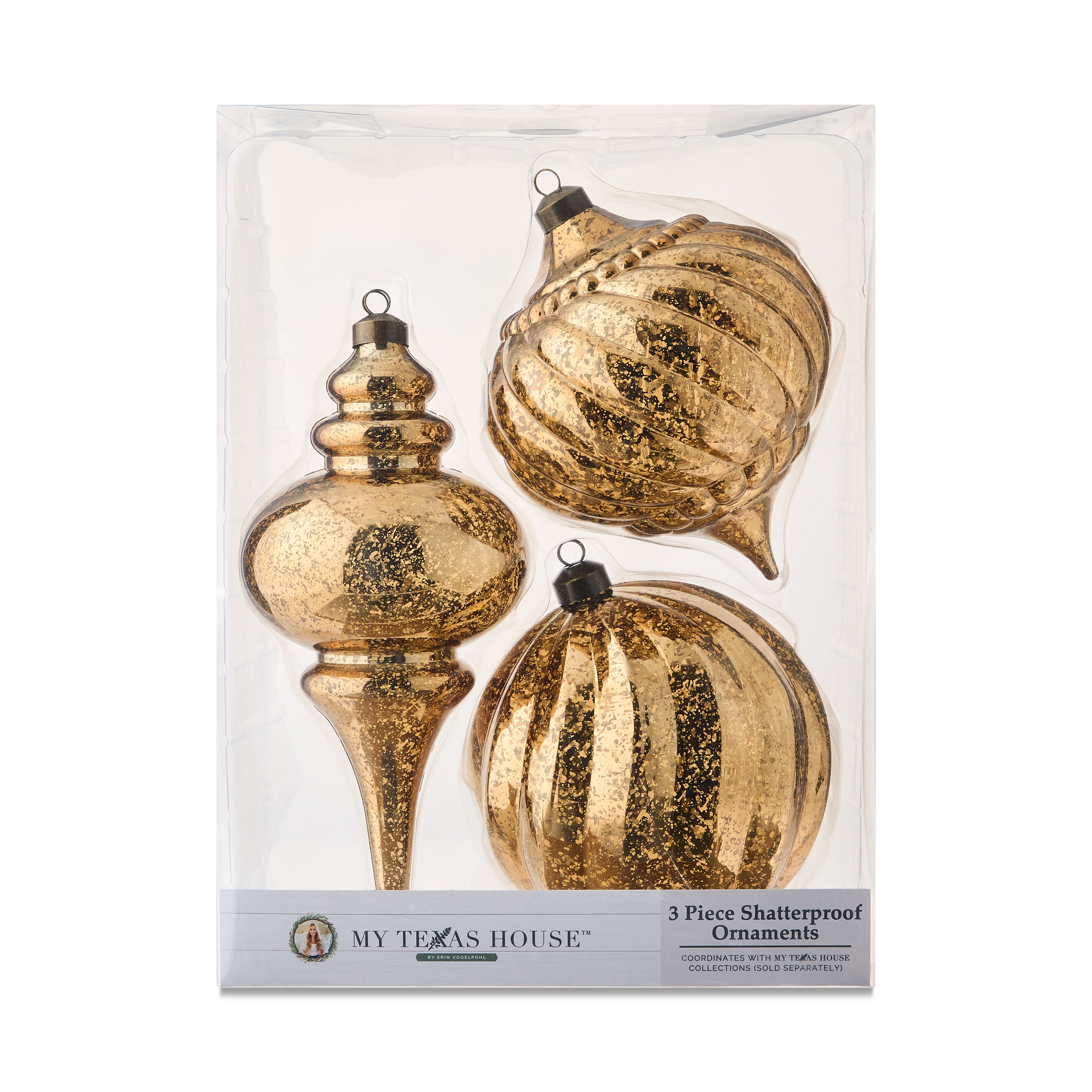 3 Count Gold Mercury-Style Shatterproof Christmas Ornaments, by My Texas House