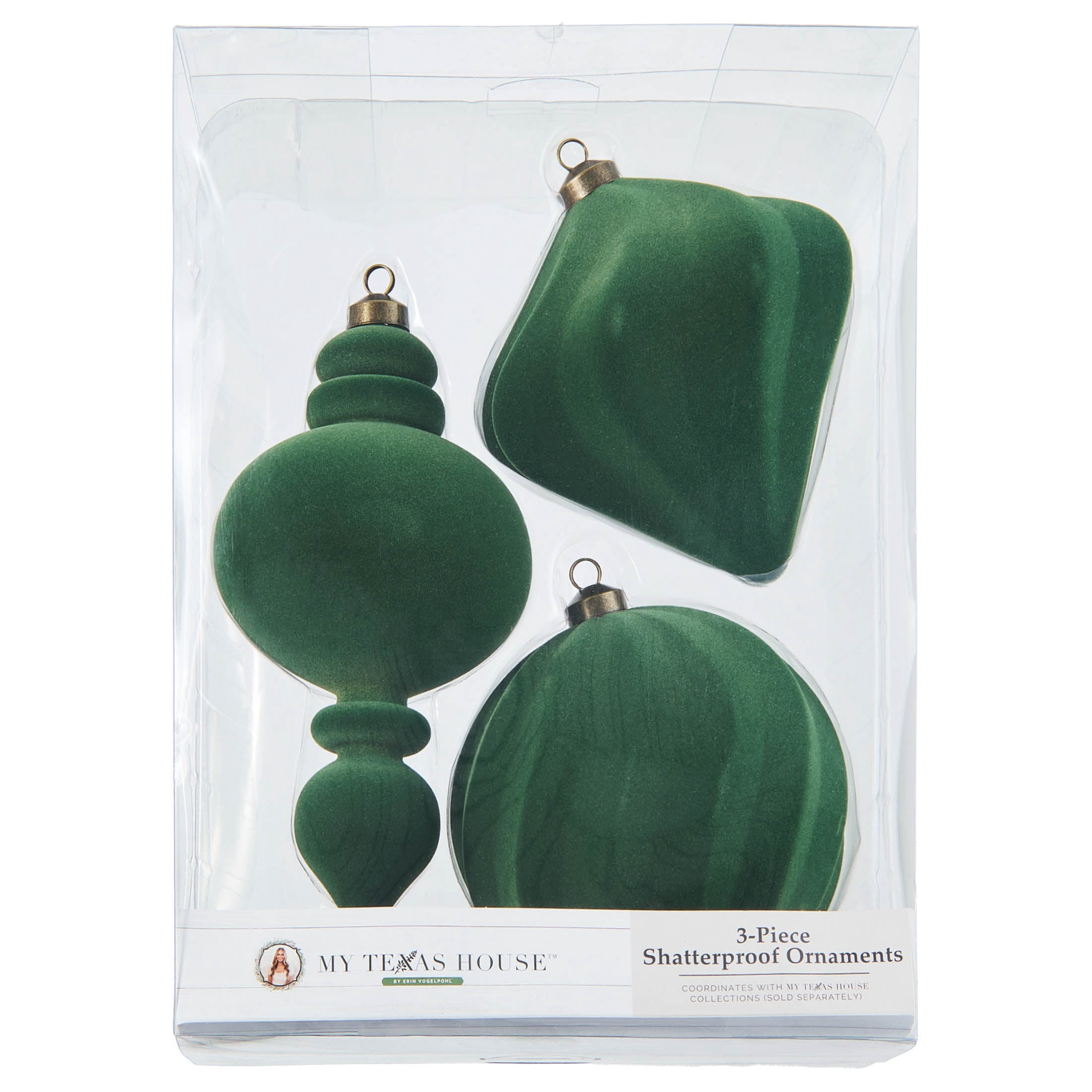 My Texas House 3-Count Green Velvet-Feel Shatterproof Christmas Ornaments