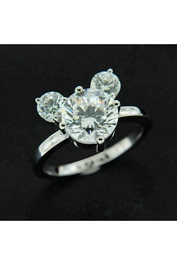3CT Lab Created Diamond Round Cut Fancy Micky Mouse Ring 14K White Gold Plated
