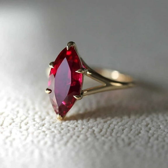 3CT Marquise Cut Red Ruby 925 Silver Engagement Ring 14k Yellow Gold Plated