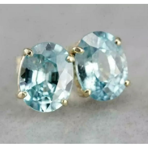3CT Oval Cut Lab-Created Aquamarine Women's Stud Earrings in 14K Yellow Gold Plated
