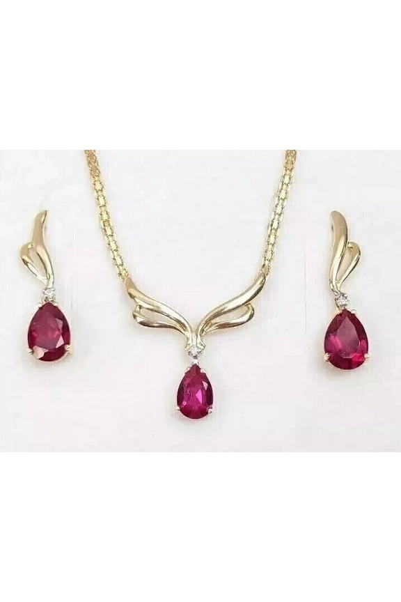 3CT Pear Cut Lab Created Red Ruby Women's Necklace & Earrings Set 14k Yellow Gold Plated