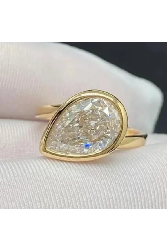 3CT Pear D Moissanite Women Bezel Setting Engagement Ring 14k Yellow Gold Plated