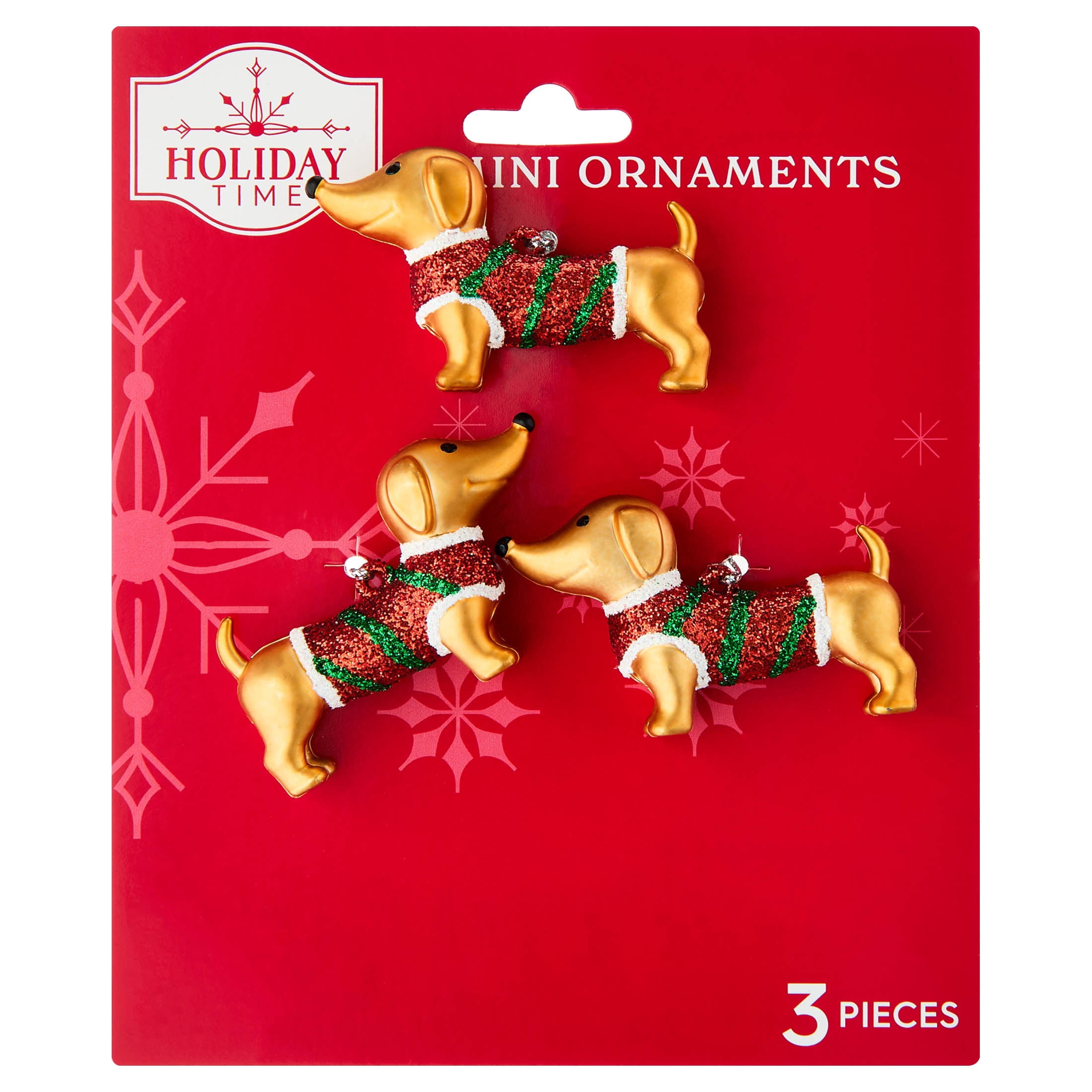 3-Count Gold/Red/Green Dachshund Dog Mini Christmas Ornaments, 1.5", by Holiday Time