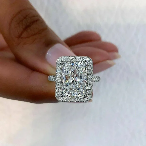 3CT Radiant Cut Simulated Diamond Halo Wedding Women's Engagement Ring 14k White Plated 925 Sterling Silver For Her
