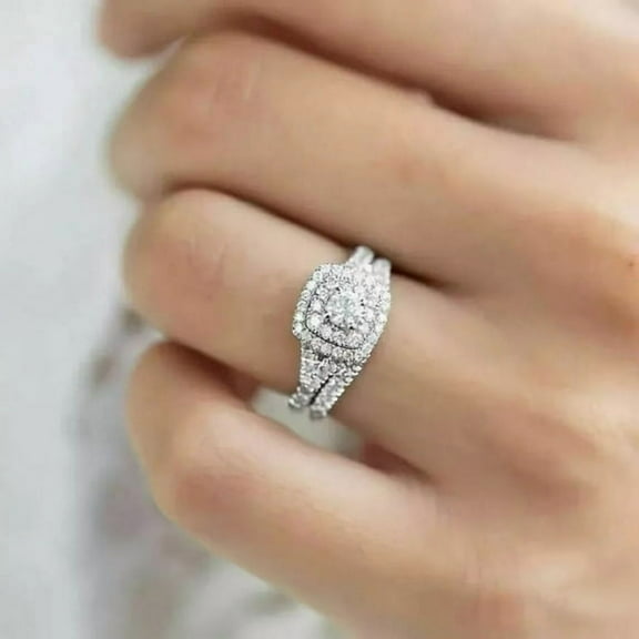 3CT Round Cut Lab Created Diamond 14K White Gold Plated Engagement Ring Bridal Set For Her 925 Sterling Silver