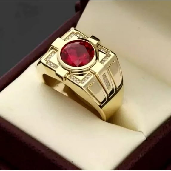 3CT Round Cut Lab Created Garnet Men's Engagement Ring 14K Yellow Gold Finish