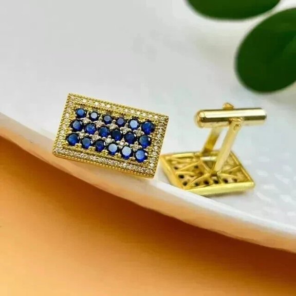 3CT Round Cut Lab Created Sapphire Men's Fancy Cufflinks 14K Yellow Gold Finish