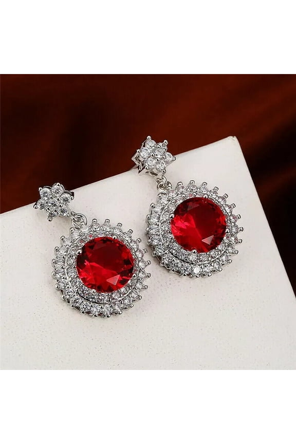 3CT Round Cut Simulated Red Ruby Women's Weddings Gift Drop Dangle Earrings 14K White Gold Plated