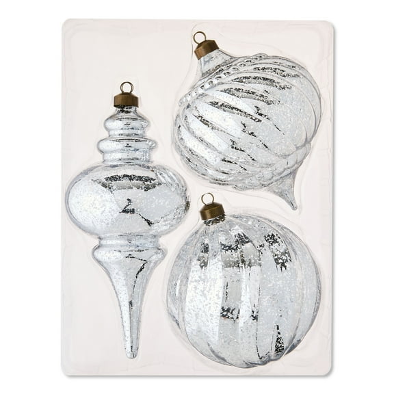 3 Count Silver Mercury Glass-Style Finial Shatterproof Christmas Ornaments, by My Texas House