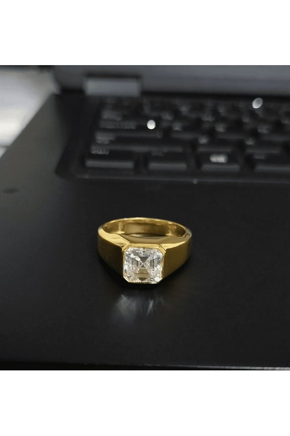 3Ct Ascher Cut Lab Created White Diamond Men's Solitaire Ring in 14k Yellow Gold Plated