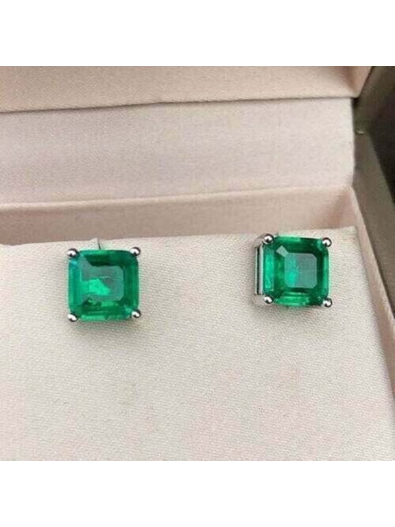 3Ct Asscher Cut Green Emerald Lab Created Stud Earrings 14K White Gold Finish Silver
