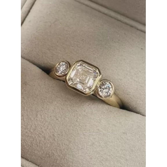 3Ct Asscher Cut Real Moissanite Diamond Engagement Ring In 14K Yellow Gold Plated