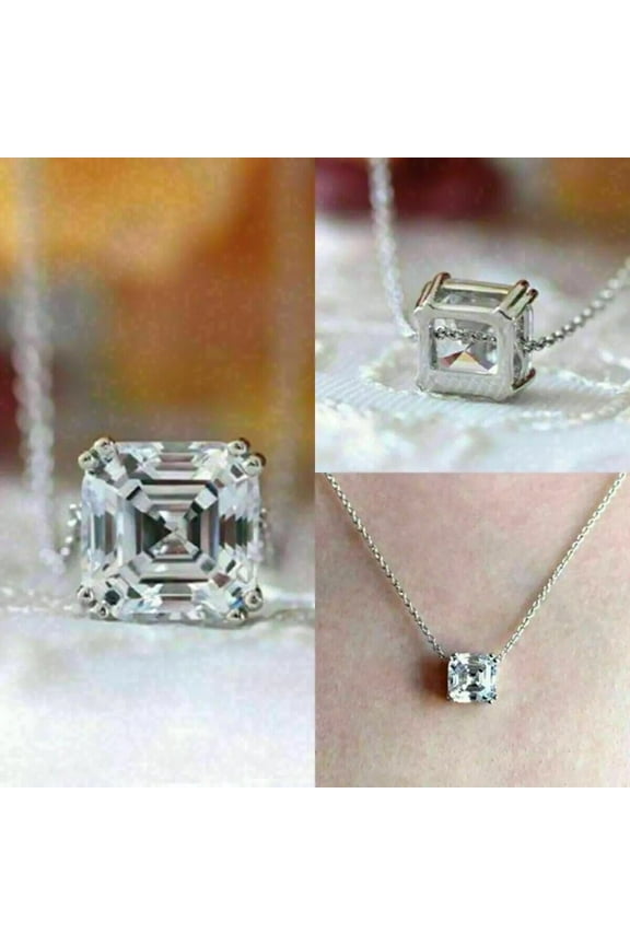 3Ct Asscher Cut Lab Created Diamond Solitaire Women's Pendant Necklace 14k White Gold Plated 18 Inch