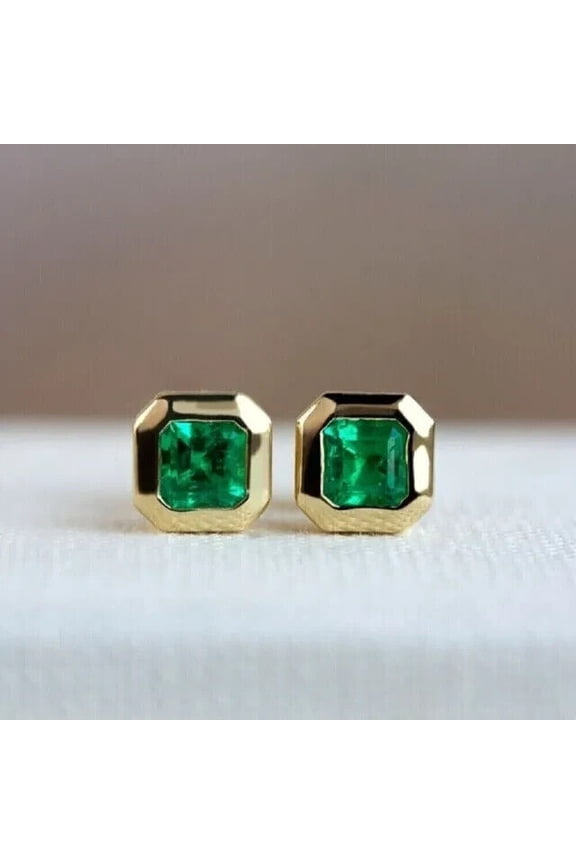 3Ct Asscher Cut Lab-Created Emerald Earrings Bezel Set 14k Yellow Gold Plated Sterling Silver
