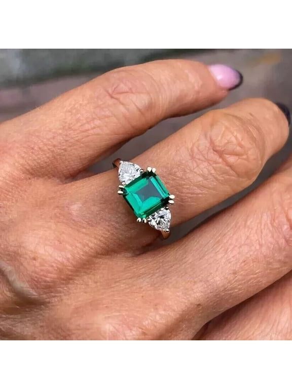 3Ct Asscher Cut Lab Created Green Emerald Women's Three Stone Ring 14k Yellow Gold Plated