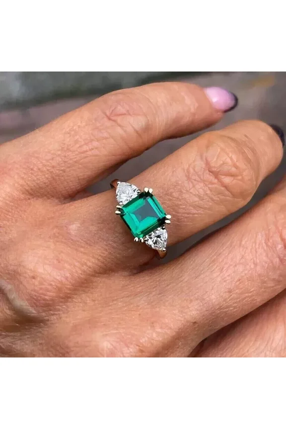 3Ct Asscher Cut Lab Created Green Emerald Women's Three Stone Ring 14k Yellow Gold Plated