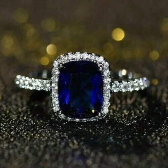 3Ct Cushion Cut Lab-Created Blue Sapphire Halo Engagement Ring 14K White Gold Plated Silver