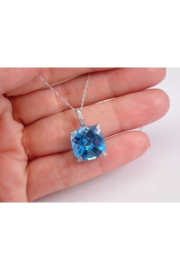3Ct Cushion Cut Lab Created Blue Topaz Solitaire Classic Pendant For Women's 14K White Gold Plated Free Chain 18"
