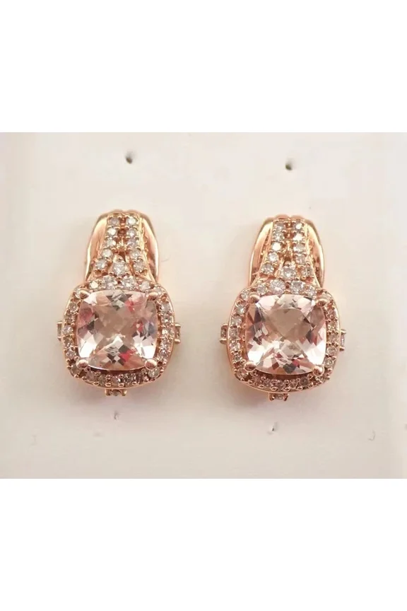 3Ct Cushion Cut Simulated Morganite Halo Stud Earrings 14K Rose Gold Plated Silver