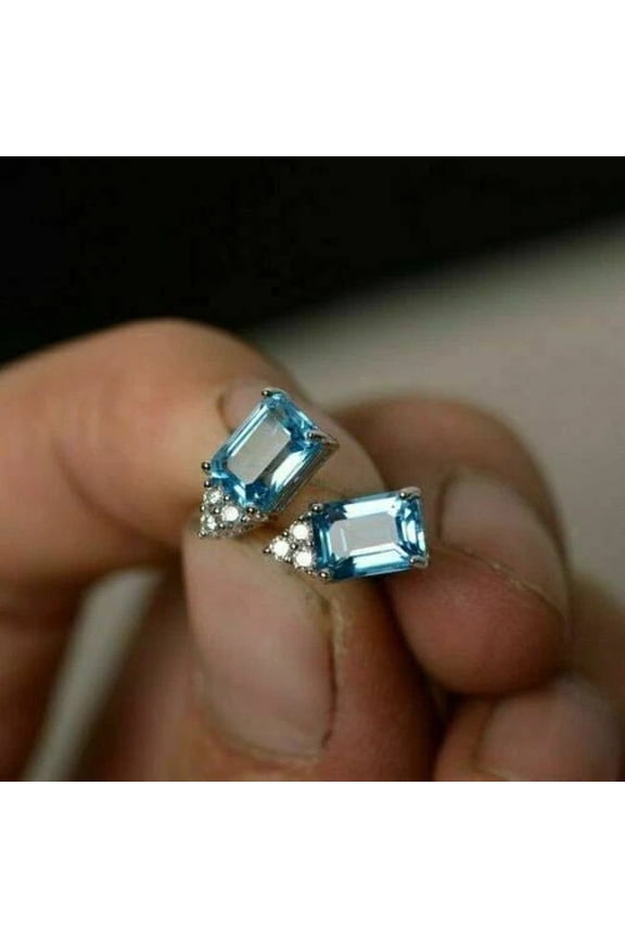 3Ct Emerald Cut Aquamarine Solitaire Women's Stud Earrings 14K White Gold Finish