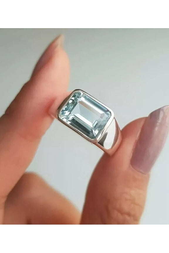 3Ct Emerald Cut Lab Created Aquamarine Men's Solitaire Ring Real 925 Sterling Silver