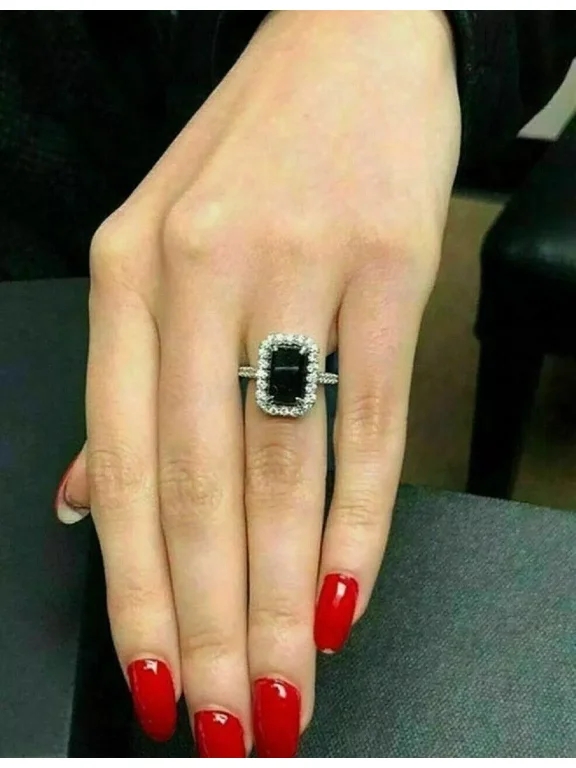 3Ct Emerald Cut Lab Created Black Diamond Diamond Women's Halo Engagement Ring 14k White Gold Plated