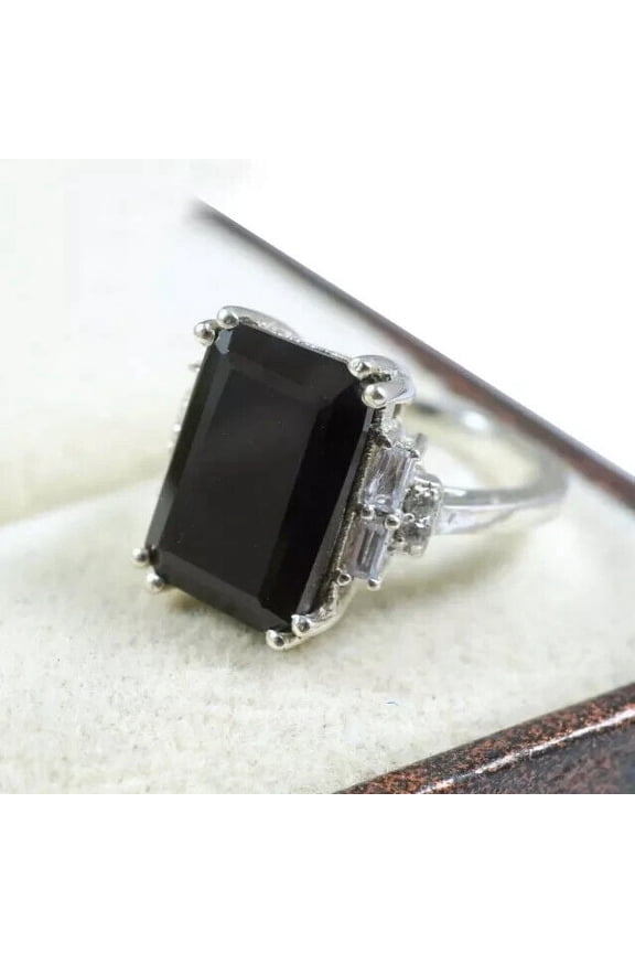 3Ct Emerald Cut Lab Created Black Diamond Engagement Ring 14K White Gold Plated Sterling Silver