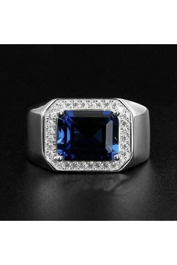 3Ct Emerald Cut Lab Created Blue Sapphire Men's Halo Ring in 14k White Gold Plated