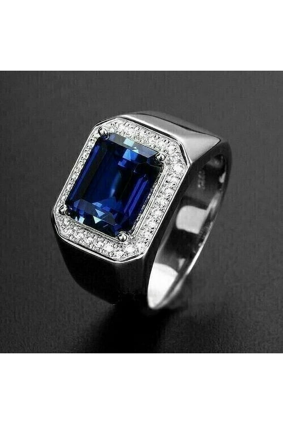 3Ct Emerald Cut Lab Created Blue Sapphire Men's Wedding Ring in 14K White Gold Plated