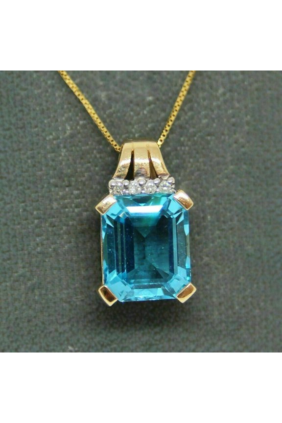 3Ct Emerald Cut Lab Created Blue Topaz Solitaire Pendant Free Chain 14K Yellow Gold Plated 18"