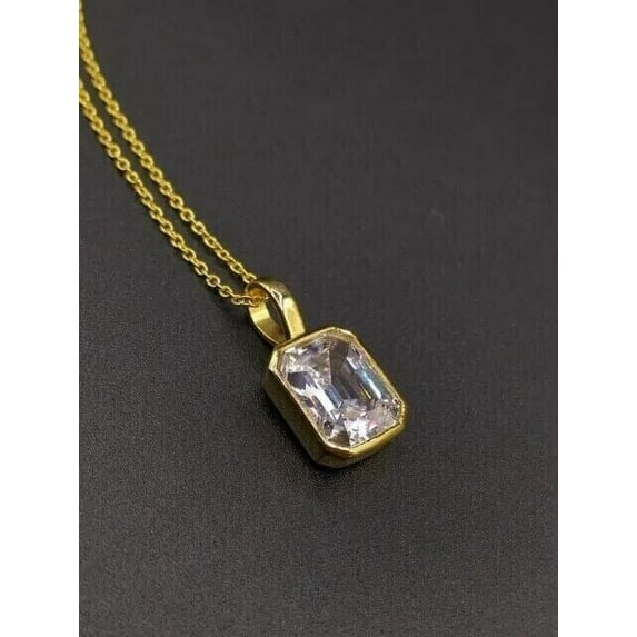 3Ct Emerald Cut Lab Created Diamond Beautiful Solitaire Pendant 14K Yellow Gold Plated 18"