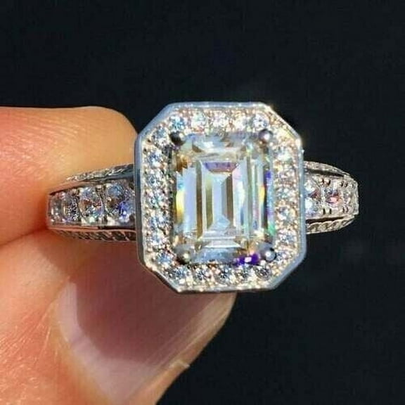 3Ct Emerald Cut Lab-Created Diamond Halo Engagement Ring 14K White Gold Plated Sterling Silver