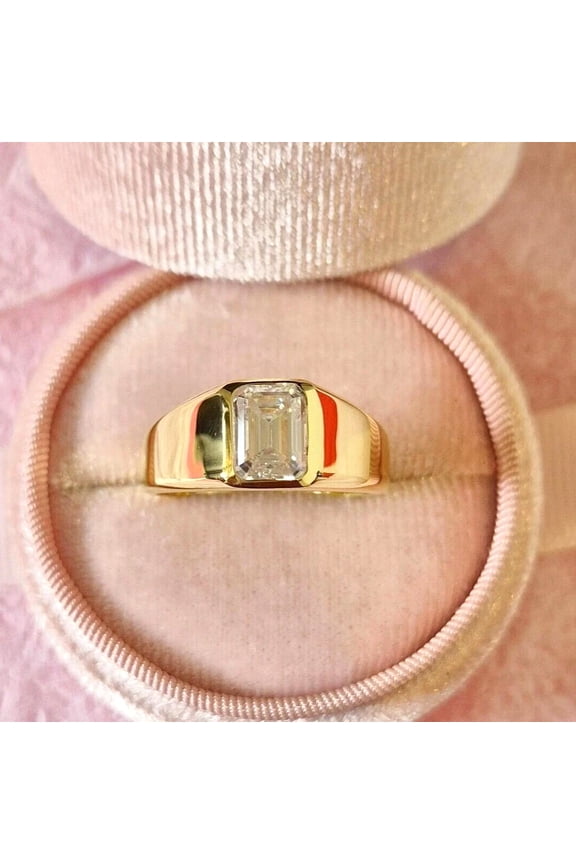 3Ct Emerald Cut Lab Created Diamond Men's Pinky Band Engagement Ring 14k Yellow Gold Plated Silver
