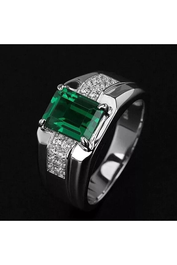 3Ct Emerald Cut Lab-Created Emerald Men's Wedding Ring 14k White Gold Plated