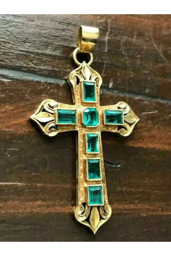3Ct Emerald Cut Lab Created Green Emerald Cross Pendant 14k Yellow Gold Finish